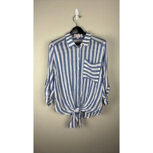 Vixbe - Large - Blue/White Striped Blouse With Knot & Pocket Detail